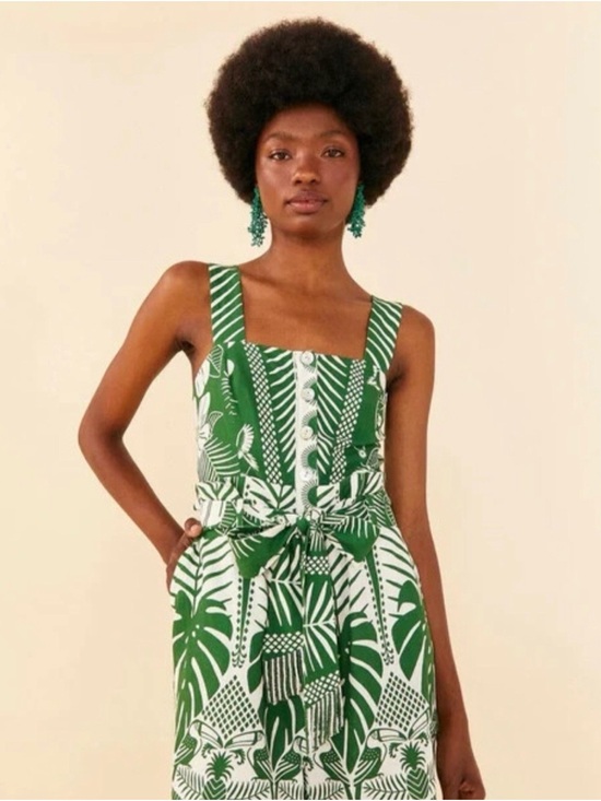 FARM Rio Pants - FARM Rio Green & White Tropical-Print Button-Front Jumpsuit